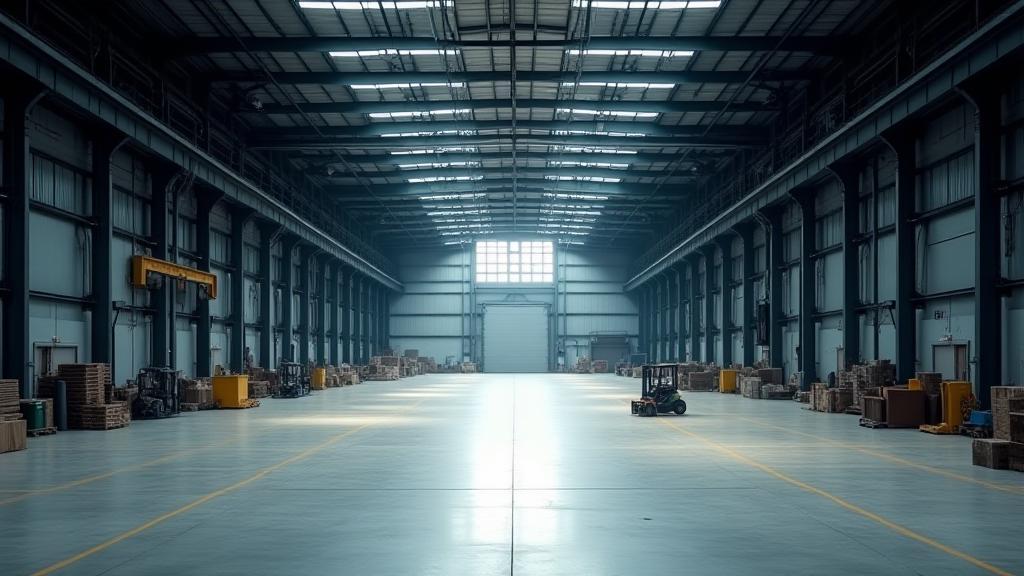 Interior view of a vast industrial warehouse with visible steel framework