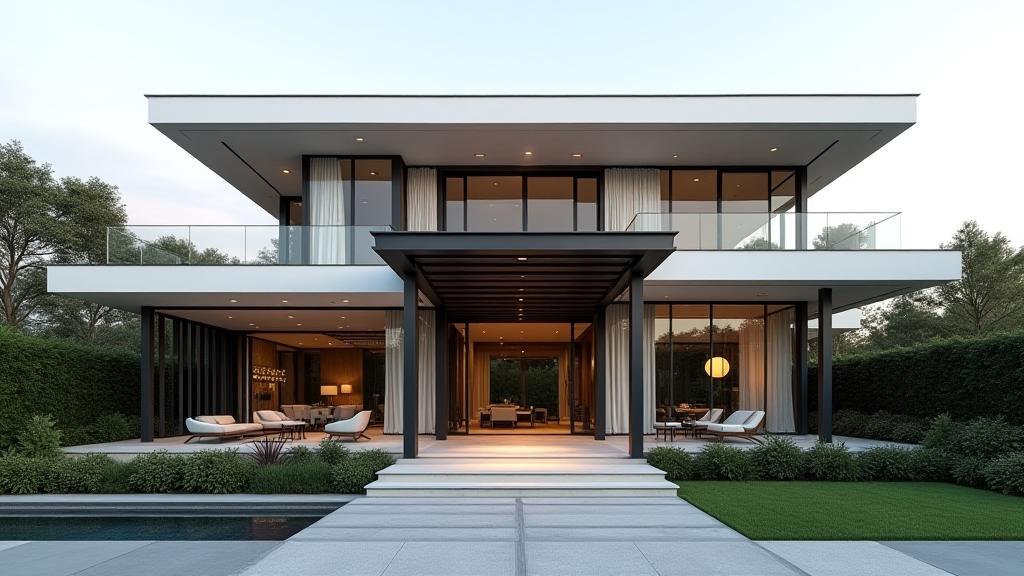 Modern luxury home featuring exposed structural steel and custom awnings