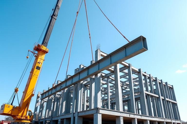Crane lifting a large steel beam onto a building frame