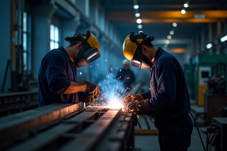 Workers fabricating steel beams in a workshop